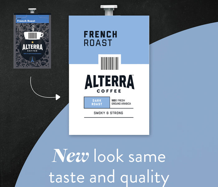 Image showcasing the rebranding of Flavia Alterra French Roast Dark Roast Coffee Freshpacks. On the left, the old Alterra Coffee packaging displays ornate designs. On the right, the new minimalist design features a blue and white color scheme with text highlighting "Alterra Coffee Dark Roast, Smoky & Strong," ideal for single-serve brewers.