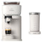 A Philips Baristina Combo Espresso Machine with Milk Frother BAR303/00 (White) is depicted with a cup of coffee placed under the dispenser and a matching milk frother beside it. Designed to use freshly ground beans in the top container and boasting a 16 bar pump pressure, this machine ensures Barista-quality espresso from its black coffee spout at the front.