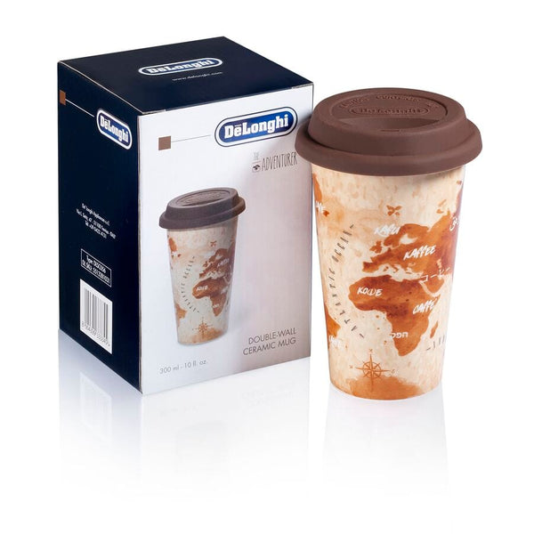 A DeLonghi Double Walled Ceramic Thermal Mug (Adventure) DLSC056, boasting thermal insulating properties and a brown lid, features a world map design. Beside the mug is its packaging box, which also displays the same map design and the DeLonghi brand logo.