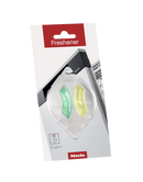 The Miele Dishwasher Freshener 4ml GP FR G 0042 L from Miele cleaning products includes two small capsules, one green and one yellow. The packaging specifies that these dishwasher freshener capsules are intended for dishwashers, with each capsule lasting for 60 washes and having a volume of 4 ml.