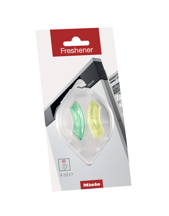 The Miele Dishwasher Freshener 4ml GP FR G 0042 L from Miele cleaning products includes two small capsules, one green and one yellow. The packaging specifies that these dishwasher freshener capsules are intended for dishwashers, with each capsule lasting for 60 washes and having a volume of 4 ml.