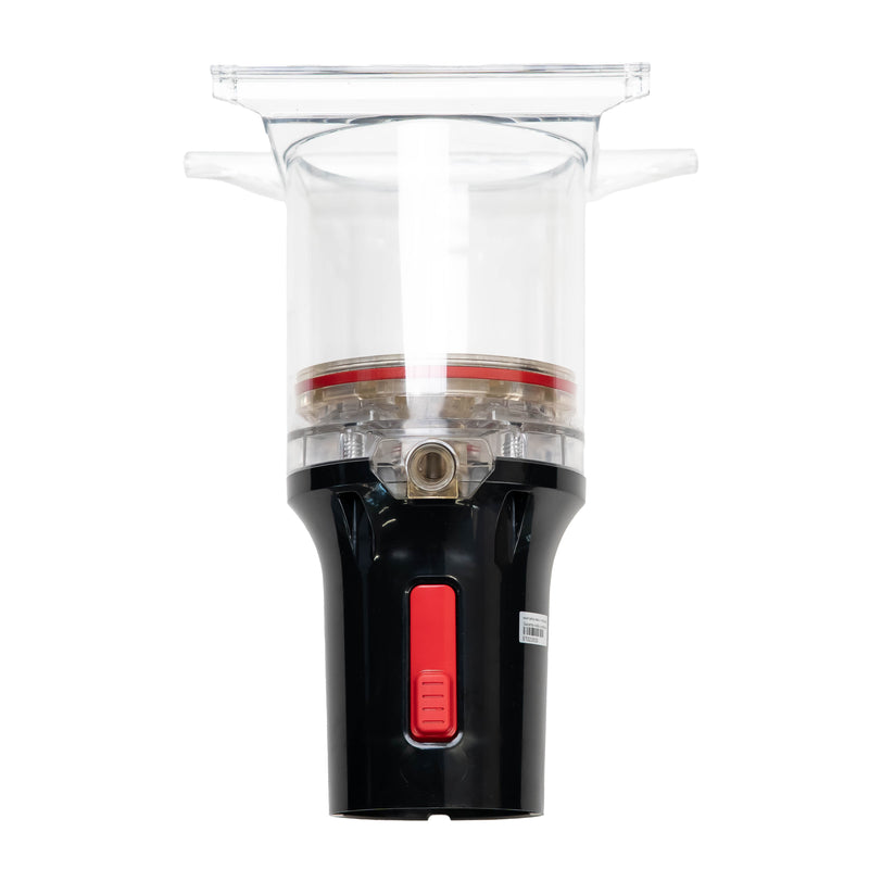 The Keurig VKI Brewer Deposit - Cost of Brewer, Only features a transparent vacuum cleaner dust container with a cylindrical shape. The design combines clear and black plastic, with the bottom part in black accented by a red sliding button, while the top part displays a clear chamber that reveals internal mechanisms. This sleek design is reminiscent of those found in Keurig VKI Eccellenza Momentum systems.