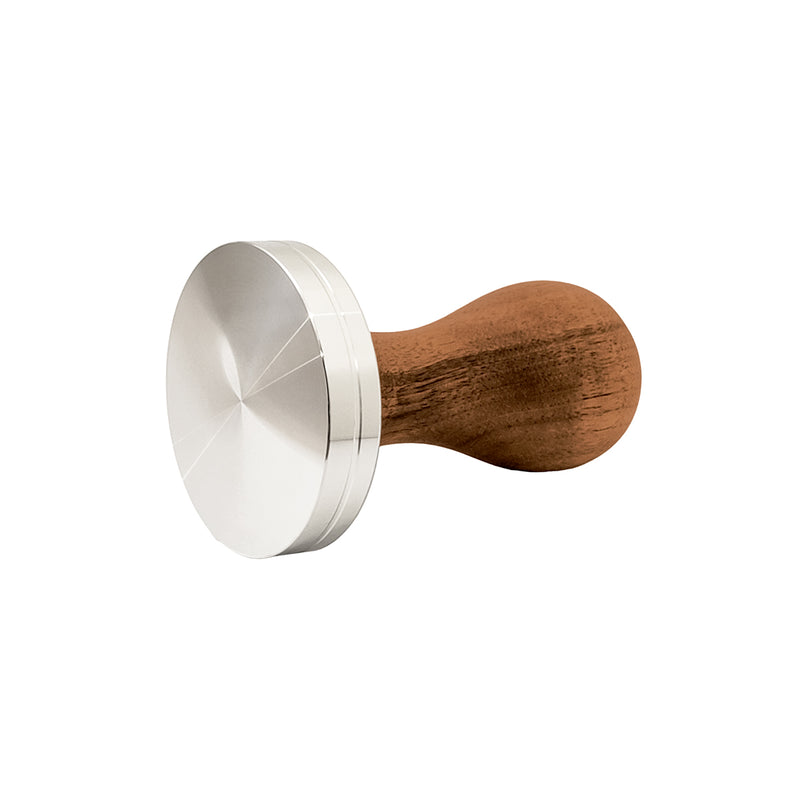 Introducing the HCS Walnut Tamper (58mm) by HCS, a premium stainless steel coffee tamper with a flat, polished, reflective base and a smooth, natural walnut wood handle. This espresso machine accessory is designed for pressing ground coffee into a portafilter and is showcased against a white background.