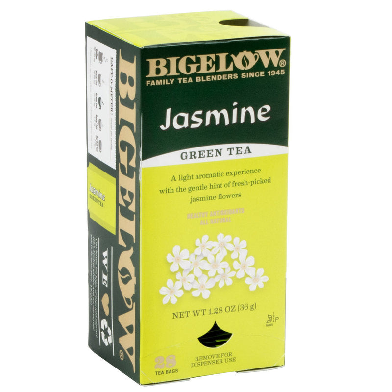 A box of Bigelow Jasmine Green Tea Bags, adorned in green and yellow hues and featuring delicate white jasmine flowers, describes the tea as providing a light aromatic experience with a gentle hint of fresh-picked jasmine flowers. The package contains 20 tea bags.