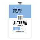 A packet from Alterra Coffee Roasters labeled "French Roast" designed specifically for Flavia Freshpacks is available in a case of 100. The package features a blue section with "FRENCH ROAST," a barcode, and "ALTERRA COFFEE" alongside "DARK ROAST" on a small blue rectangle. It states "100% Fresh Ground Arabica" and promises a smoky and strong flavor, ideal for single-serve brewers.