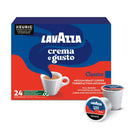 A box of Lavazza Crema e Gusto K-Cup® Pods (24 count) features a steaming cup and two pods on its blue and red packaging, showcasing its commitment to Rainforest Alliance Certification and sustainable growth.