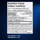 A bilingual nutrition facts label for Lavazza Crema e Gusto K-Cup® Pods (Box of 24) displays 0 calories, 0g fat, 0g carbohydrates, 0.3g protein, and 125mg potassium. Ingredients: Sustainably Grown Coffee. The background is dark blue.