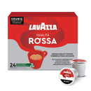 A case of Lavazza Qualità Rossa K-Cup® Pods, showcasing a blend of Arabica and Robusta with chocolate notes, is displayed with two Keurig pods. The red box with white branding contains 96 Keurig-compatible pods.