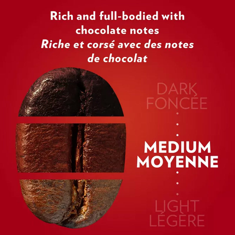 A close-up of a coffee bean split into Dark, Medium, and Light sections against a red background. Text in English and French says "Rich and full-bodied with chocolate notes." Features Lavazza Qualità Rossa K-Cup® Pods blend of dark roast Arabica and Robusta, perfect for Keurig.