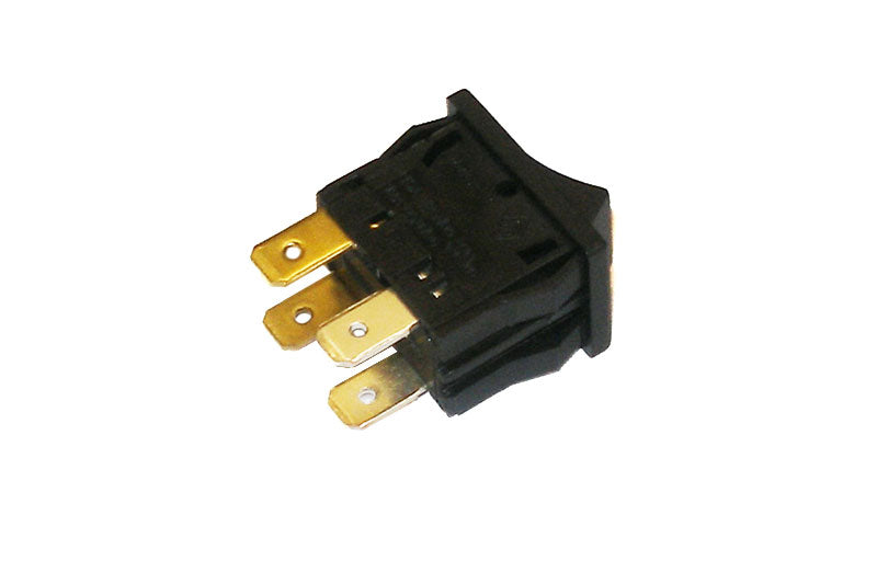 A black, rectangular DeLonghi 12a 250v switch (Product Model: 5132112500) features six brass terminals arranged in two rows of three. The switch has "I" and "O" symbols indicating its on and off positions.