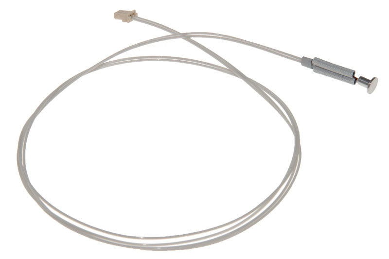 The DeLonghi Parts: NTC Probe 5213213341 features a retractable metal rod with a plastic handle connected to a long, coiled, flexible white cable. This brand-name DeLonghi probe appears designed for pulling or pushing through narrow spaces, making it ideal for plumbing or other applications requiring the maneuvering of cables.