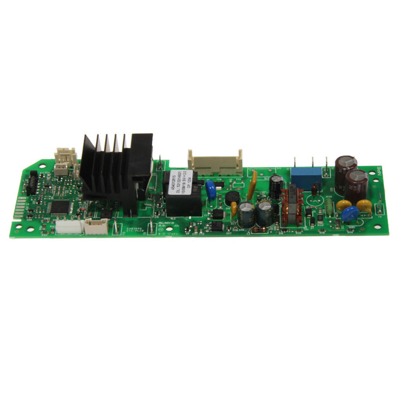 The DeLonghi Parts: Power Board (SW2.1 120V): 5213214921, reminiscent of a Perfecta masterpiece, boasts various components including capacitors, resistors, a heat sink, and integrated circuits. Several connectors are mounted on the board within its precise frame, making the detailed placement of components clearly visible.