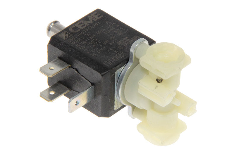 The DeLonghi Solenoid Valve (3VC 120V) 5213227751 features a small black body with two metal prongs for electrical connection and a white plastic component attached to the base. This valve, which is compatible with DeLonghi ECAM machines, has text and numbers printed on its surface.