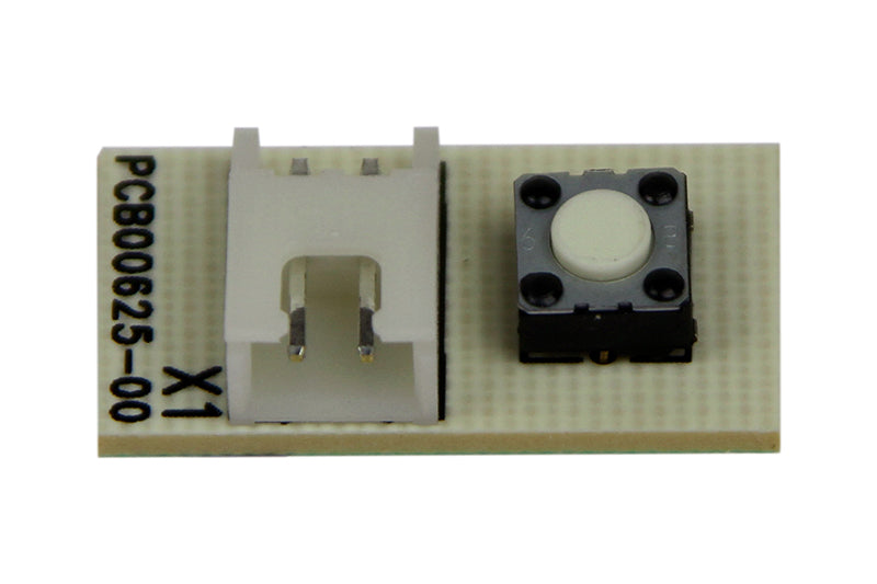 A small rectangular circuit board labeled "PCB0625-00" featuring a white plastic connector on the left and a black tactile push button switch on the right, often seen in the DeLonghi Parts: Autostandby Board : 5213221161 by DeLonghi.