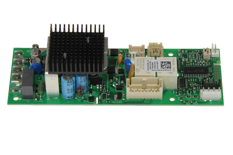 The DeLonghi Power Board (120V), model 5213223481, is an electronic component designed by Dinamica specifically for Delonghi appliances. This green printed circuit board features a variety of electronic components such as resistors, capacitors, connectors, and a black heat sink. Additionally, the board includes several small integrated circuits and a barcode. The product is showcased against a plain white background.