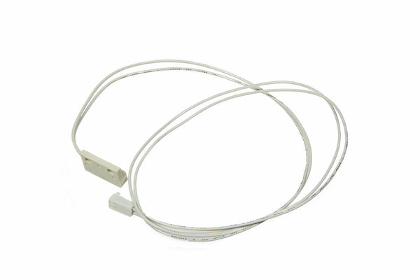 A DeLonghi Parts: Reed Sensor (Product Number: 5232104600) electrical wire is featured, with connectors at both ends. The white wire is looped, and each connector is rectangular and light gray in color, standing out against a plain white background.