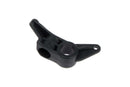 The Delonghi 5313213391 Expulsion Arm, a black plastic component from DeLonghi, features a cylindrical hole and two extended arms—one of which includes an additional smaller hole. The part has a smooth surface and is likely designed for use within the Delonghi Compensatory System or similar machinery.