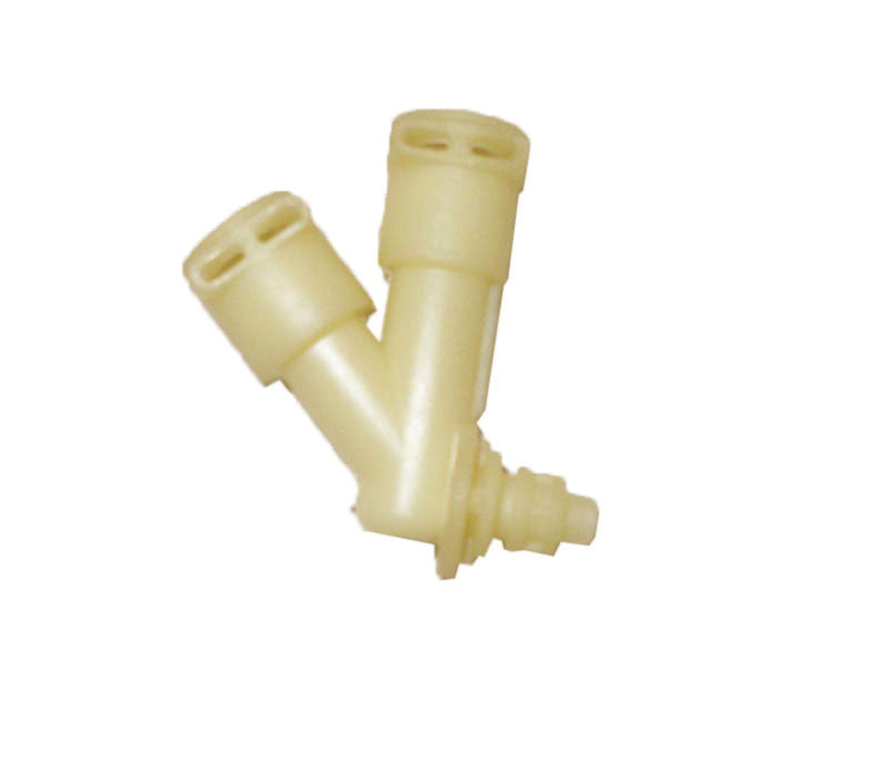 The DeLonghi Parts: Y Connection: 5313225171 is a light yellow plastic Y-shaped connector, echoing the quality of DeLonghi's La Specialista, with two cylindrical openings on the top and a smaller single outlet at the bottom, making it ideal for tubing or hose connections.