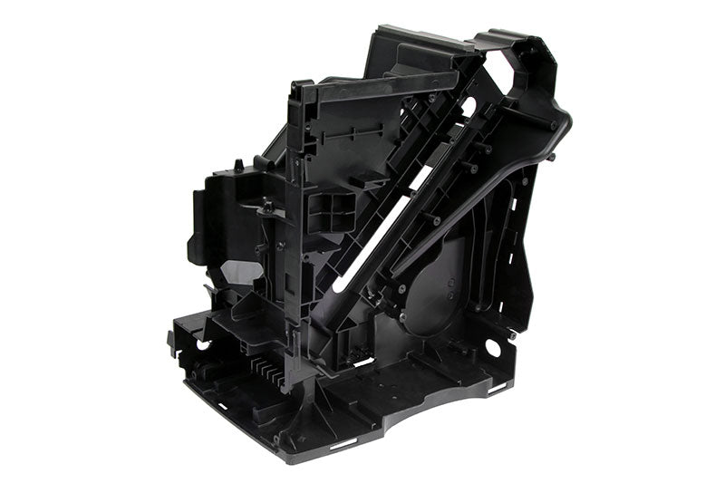 A DeLonghi automotive part in hard black plastic, known as the Left Frame (product code 5313281441), features a complex structure with multiple compartments, cutouts, and structural reinforcements. It has an angular shape with various connectors and mounting points, resembling a component of the vehicle's body frame or engine bay assembly.