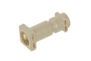 A beige, cylindrical plastic object with flanges on both ends, possibly a connector or adapter. Bearing a symmetrical design and featuring notches and slots on its surface, this piece could be an integral component for DeLonghi Perfecta Evo machines. This part is identified as the DeLonghi Parts: Connection: 5332212900 from the brand DeLonghi.