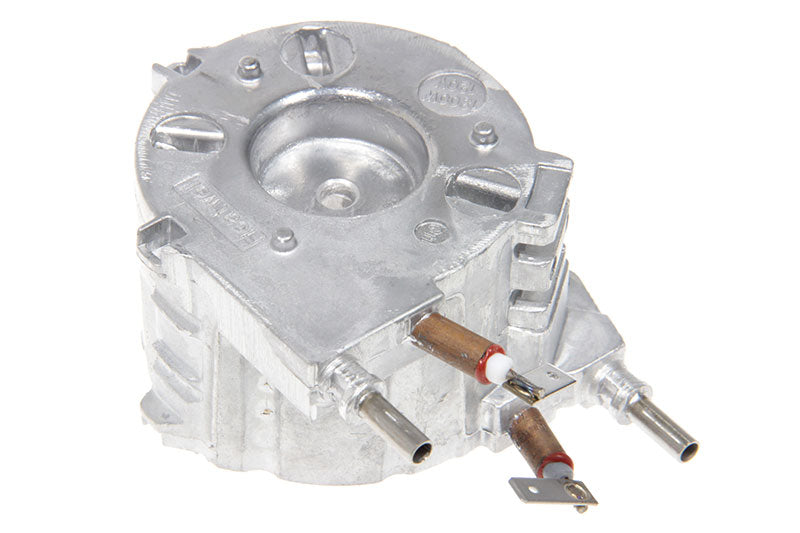 An industrial electrical component from DeLonghi, the Generator (5X05 120V1300W PLASTIC CONNECTION), with an aluminum-like finish. It has a cylindrical shape and various intricate protrusions akin to those found in La Specialista machines. This component includes two connectors with attached wires, featuring red and white insulation. Its surface is adorned with detailed engravings and inscriptions.