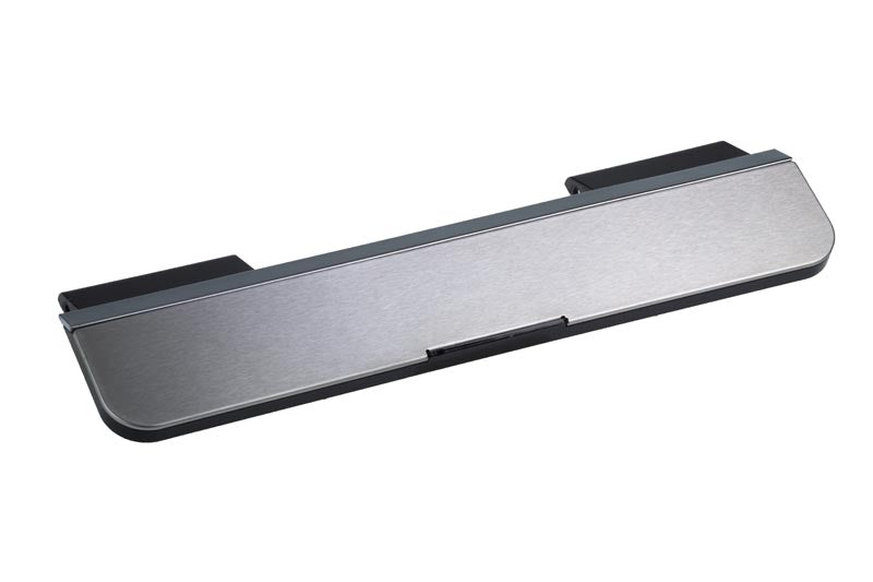 This sleek, modern gunmetal grey and black adjustable bracket features a sturdy metal construction with a smooth finish. It has a wide, flat base designed to securely hold or support an object, making it perfect for mounting your DeLonghi Parts: Water Tank Lid (model 5513271279) for added stability.