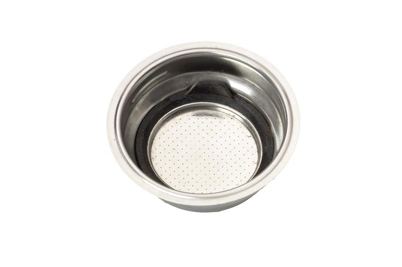 A DeLonghi Parts Single Dose Portafilter (5513271489) in stainless steel, featuring a perforated bottom. This circular basket is designed to fit into an espresso machine's portafilter handle, ensuring even water flow through the coffee grounds during brewing.