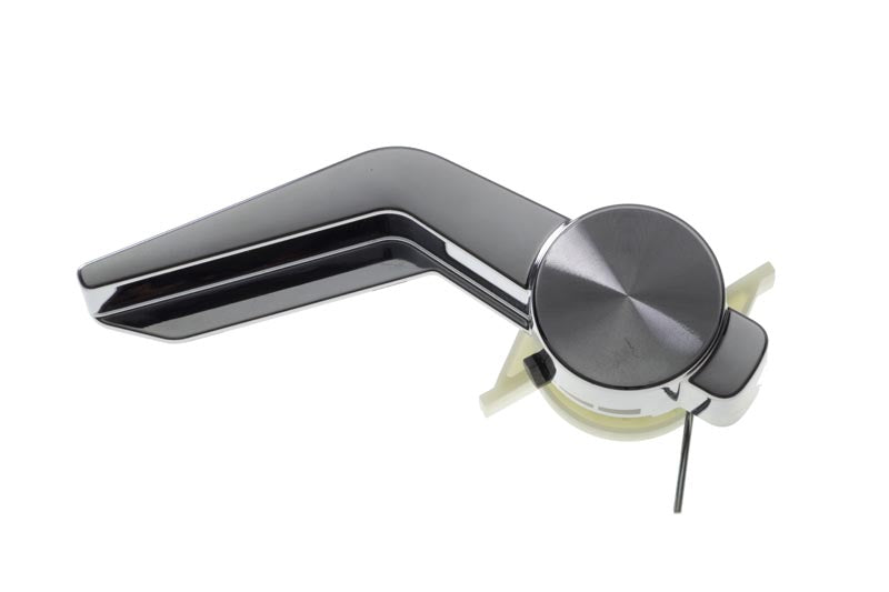 The DeLonghi 5513271699 Lever Assembly is a sleek, metallic, modern door handle featuring a horizontal lever design and round base. This primarily silver and black handle boasts a smooth, polished finish. Mounted on a white background, it showcases minimalist and contemporary style perfectly suited for any modern space.