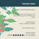 The "Freakin' Good" coffee graphic by Equator Coffee Roasters highlights their Whole Bean Coffee from organic farms in Guatemala/Nicaragua, known for nutty and vanilla notes. This Fair Trade dark roast is perfect for filter brewing and features floral and leaf illustrations.