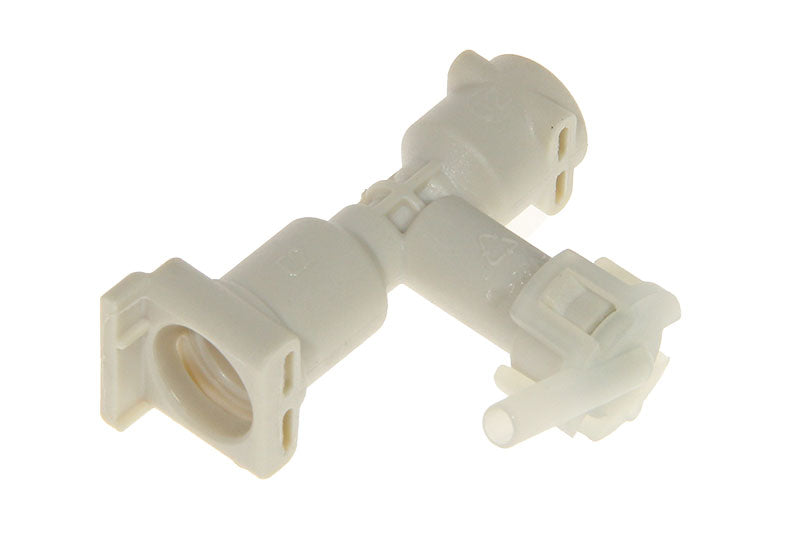 A white plastic plumbing fitting with an L-shaped design and two connection points, typically used in home or industrial systems. The DeLonghi Safety Valve (7313219401) features a smooth surface with ridges near the connection points for secure attachment.