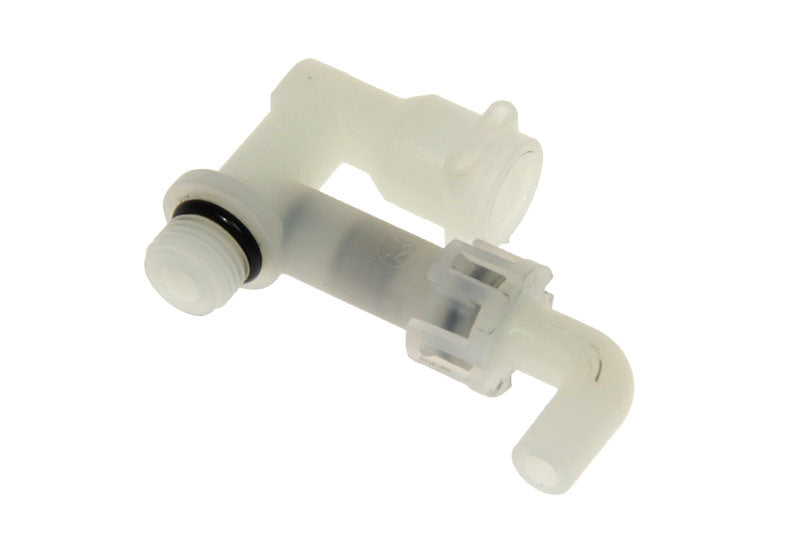 The DeLonghi Safety Valve 7313219431 is a white plastic elbow connector designed with two distinct ends: one features a threaded section with an O-ring, and the other has a smooth, curved spout. It includes a central locking mechanism for secure attachment, ensuring reliable performance in Delonghi fluid or gas transfer systems and is ideal for plumbing or tubing applications.