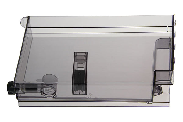 The DeLonghi Parts: Water Tank:AS13200257 features a transparent plastic container with a hinged lid and a black cylindrical attachment on the side. This DeLonghi water tank is rectangular with a spout, making it ideal for holding and dispensing liquids efficiently.