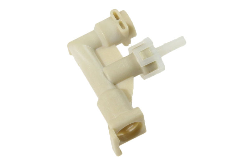 The DeLonghi Safety Valve (Product Number: 7313288979) is a light beige plastic component featuring multiple cylindrical extensions and openings. It has a T-shaped structure with various connectors at each end, resembling the design of a part used in La Specialista by DeLonghi.