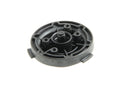 The DeLonghi Parts: Brewing Gasket Support AS00002561 is a round, black plastic component that features a central cylindrical part and multiple openings and indents in the outer ring. This intricately designed piece appears essential for an industrial application, most likely serving as a brewing gasket support for a DeLonghi espresso machine or another larger mechanical device.