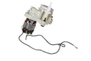 Image of DeLonghi Parts: Grinder Assembly: AS00004321, commonly found in appliances such as the Delonghi Grinder or Magnifica Evo. The component features a white plastic housing on top, with a metal motor section and copper windings below. Attached are black and white wires with connectors.