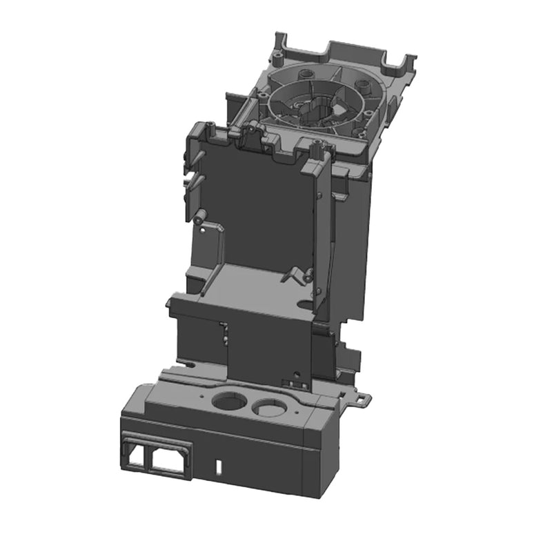 A 3D-rendered image of the Delonghi Parts: Body Assembly: AS00005746 by DeLonghi, showcasing multiple levels and sections, including fans, openings, and various structural elements. The component appears to be part of an intricate machine or electronic device enclosure.