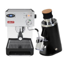 A Lelit Anna 2 PL41TEM Espresso Machine with PID, featuring a digital display and steam wand, is paired with a sleek black DF54 Gen 2 coffee grinder equipped with DLC burrs. The grinder includes a transparent container and a cork lid, creating the perfect barista setup against a plain white background.