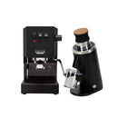 The Gaggia Classic E24 Black with DF54 Grinder, both sleek and modern, features a stainless steel portafilter and a transparent coffee bean container topped with stylish wood, harmoniously blending intuitive buttons on the espresso machine.