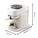 The Philips Baristina Combo Espresso Machine with Milk Frother BAR303/00 (White) by Philips stands at 345 mm tall, 380 mm deep, and 180 mm wide. It delivers barista-quality espresso shots through a portafilter, brewed from fresh ground beans housed in a bean hopper atop the machine. A drip tray below the cup adds convenience, while its 16-bar pump pressure ensures maximum flavor extraction.