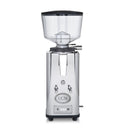 The ECM S-Automatik 64 Burr Grinder in stainless steel boasts a transparent bean hopper and adjustable grind settings for freshly ground coffee. The grinder is adorned with the ECM logo on the front and features two switches, resting on four small feet to ensure precision in every cup.