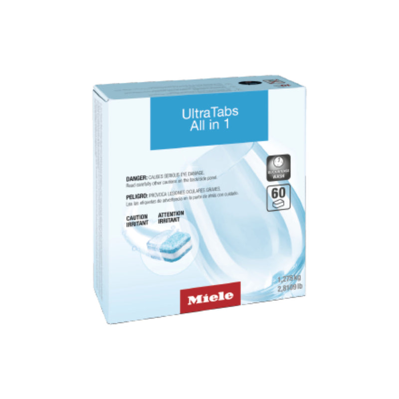 The Miele UltraTabs All in 1 Dishwasher Cleaning Tablets (Box of 60) is a white box specifically designed for Miele Dishwashers. The front label showcases a blue and white design featuring a water droplet and bubbles. Inside, there are 60 tablets, each weighing 2.28 lbs (1.02 kg). Safety warnings can be found on the box.