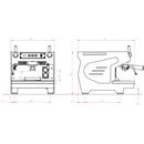 A technical drawing of the Conti ACE Espresso Machine (Black), showcasing both front and side views, highlights its intuitive touchpad and multi-boiler components. The diagram includes labels and measurements to illustrate dimensions, along with elements such as levers, knobs, and a portafilter holder.