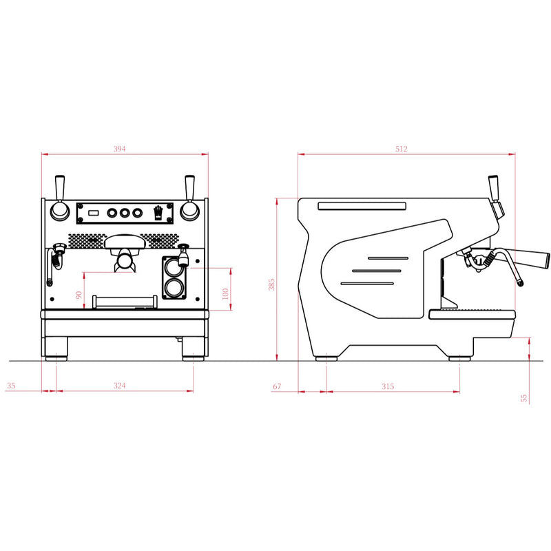 A technical drawing of the Conti ACE Espresso Machine (Black), showcasing both front and side views, highlights its intuitive touchpad and multi-boiler components. The diagram includes labels and measurements to illustrate dimensions, along with elements such as levers, knobs, and a portafilter holder.