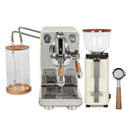 The ECM Puristika Semi Automatic Espresso Machine in cream combines contemporary design with functionality, featuring an E61 group head, PID controller, milk frother, and pressure gauges. It comes with a transparent water container accented with wood and includes the ECM C-Manuale 54 Burr Grinder in cream. Additionally, the bundle offers a 58mm bottomless walnut portafilter.