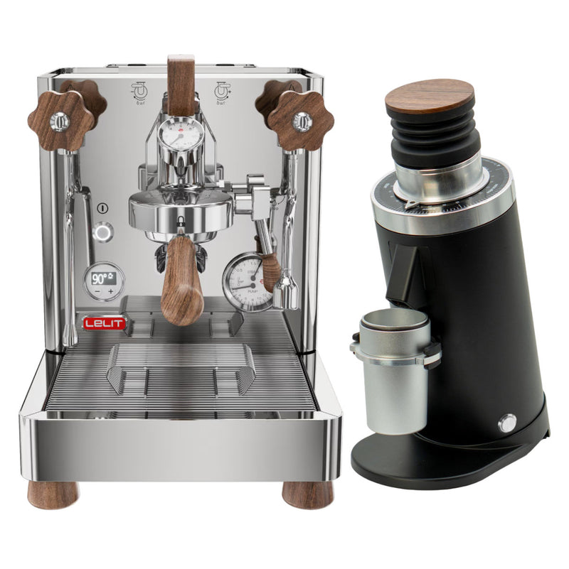 The Lelit Bianca 3 PL162T Espresso Machine and DF64 Gen2 with DLC Burrs Grinder (Black) Bundle features a striking stainless steel dual boiler espresso machine accented with wood, complete with temperature gauges and a portafilter, alongside the stylish grinder that includes an attached container.