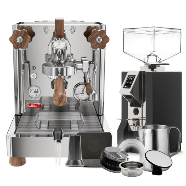 The Lelit Bianca 3 PL162T Espresso Machine from Lelit is beautifully showcased alongside the Eureka Mignon Specialita Grinder in matte black and a barista tool bundle, which includes a metal pitcher, tamper, and various accessories. Set against a pristine white background, its dual boiler system is complemented by elegant wooden handles, while its digital screen and pressure gauges enhance the machine's sophisticated appearance.