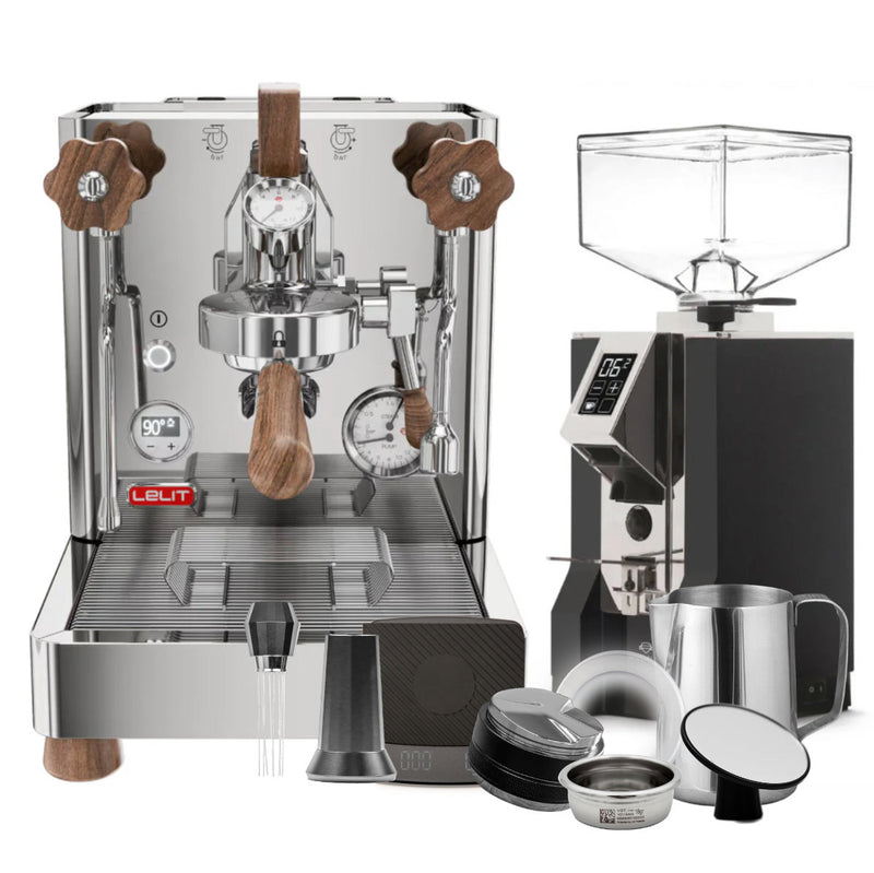 The Lelit BLACK FRIDAY BUNDLE includes the stylish Lelit Bianca 3 PL162T Espresso Machine with wooden accents and dials, accompanied by a Eureka Mignon Specialita Grinder in Matte Black. This set is complete with a barista tool bundle featuring a portafilter, digital coffee grinder, milk frothing jug, filters, and a tamper, all elegantly displayed on a white background.