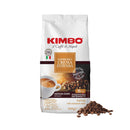 A bulk value pack of Kimbo Crema Intensa Whole Coffee Beans (6 x 1kg / 2.2lb), featuring white packaging with red and brown accents, adorned with a coffee cup image, beans, and details. This medium dark roast with an intensity of 11 out of 13 provides cinnamon flavor notes, making it ideal for espresso-based drinks.