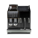 The Eversys Shotmaster 2 Group Head Milk System Super Traditional Espresso Machine ms/ST (Charcoal) by Eversys is a high-capacity, black espresso machine featuring a digital touch screen that displays various coffee options. It boasts dual coffee dispensers, steam wands, an automatic milk heating and frothing module, a bean hopper on top, and has a sleek design tailored for professional or commercial use.