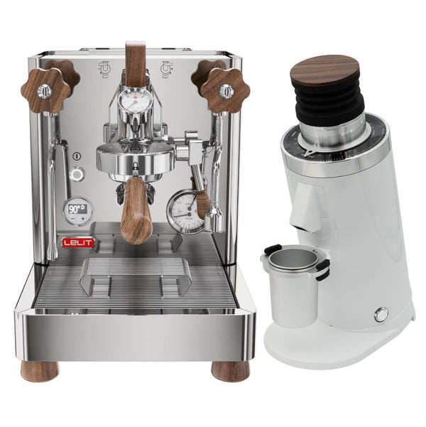 The Lelit Bianca 3 PL162T Espresso Machine, complete with elegant wooden accents and dual boilers, is perfectly complemented by the stylish DF64 Gen2 With DLC Burrs Grinder in white. This espresso machine includes a pressure gauge and steam wand for an enhanced coffee experience, while the grinder is designed with a black top and metal grounds holder to ensure efficient brewing.